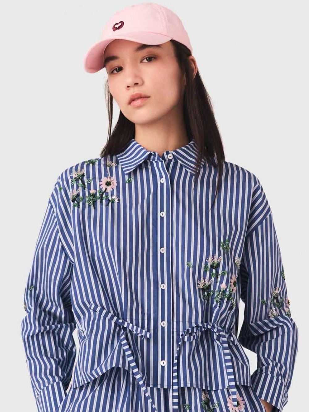Maje Blue and White Striped Embroidered Tie-Waist Shirt 3